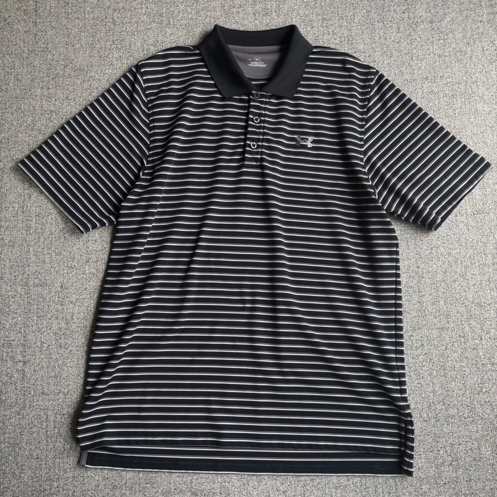 Under Armour Polo Men Large Black Striped HeatGear Short Sleeve Performance Golf